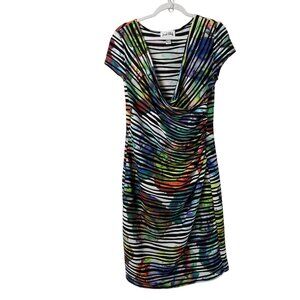 Joseph Ribkoff Faux Wrap Dress Size 14 Multicolor Textured V Neck Cap Sleeve